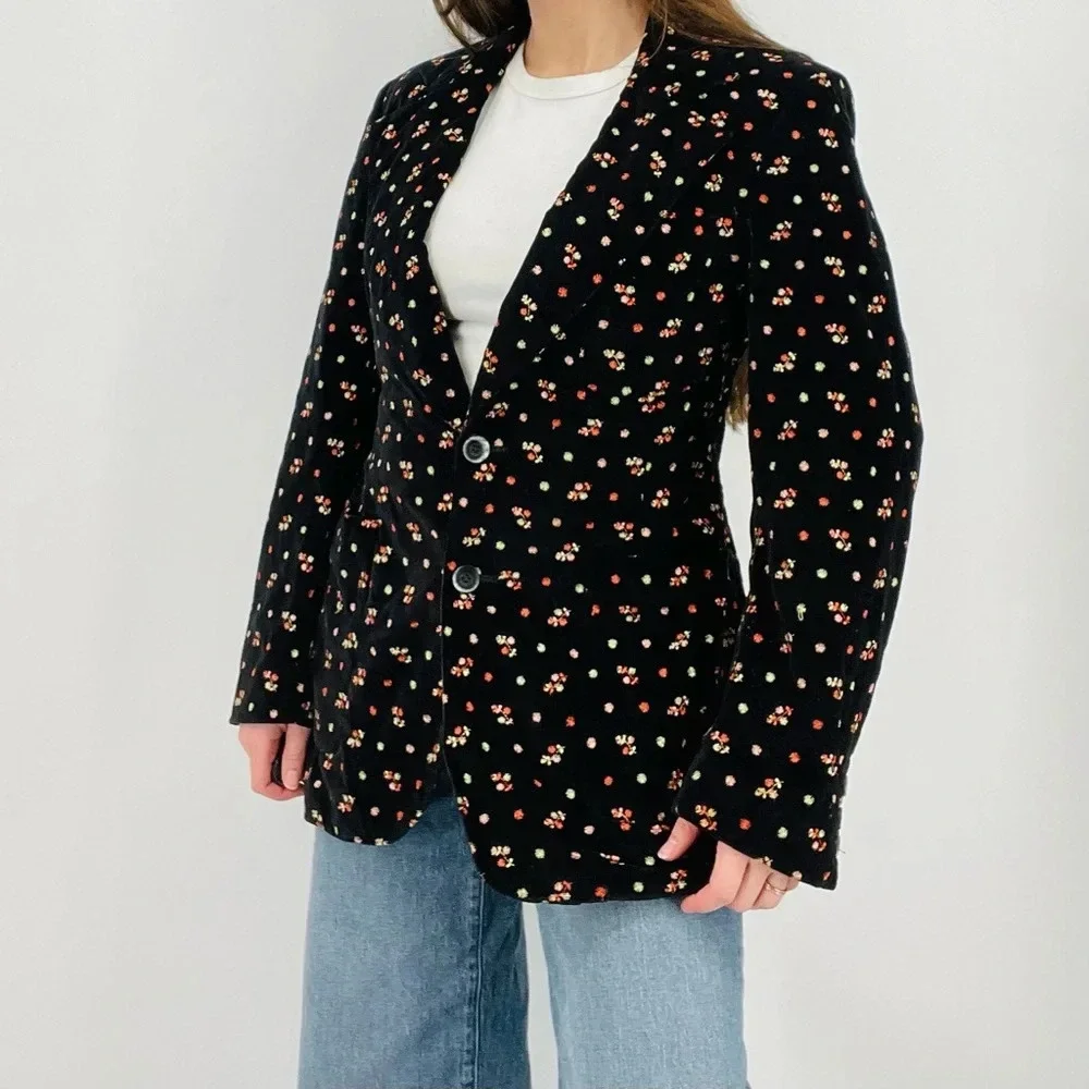 Vintage Cottagecore Ebony Velvet Floral Embroidered Blazer Size S/M